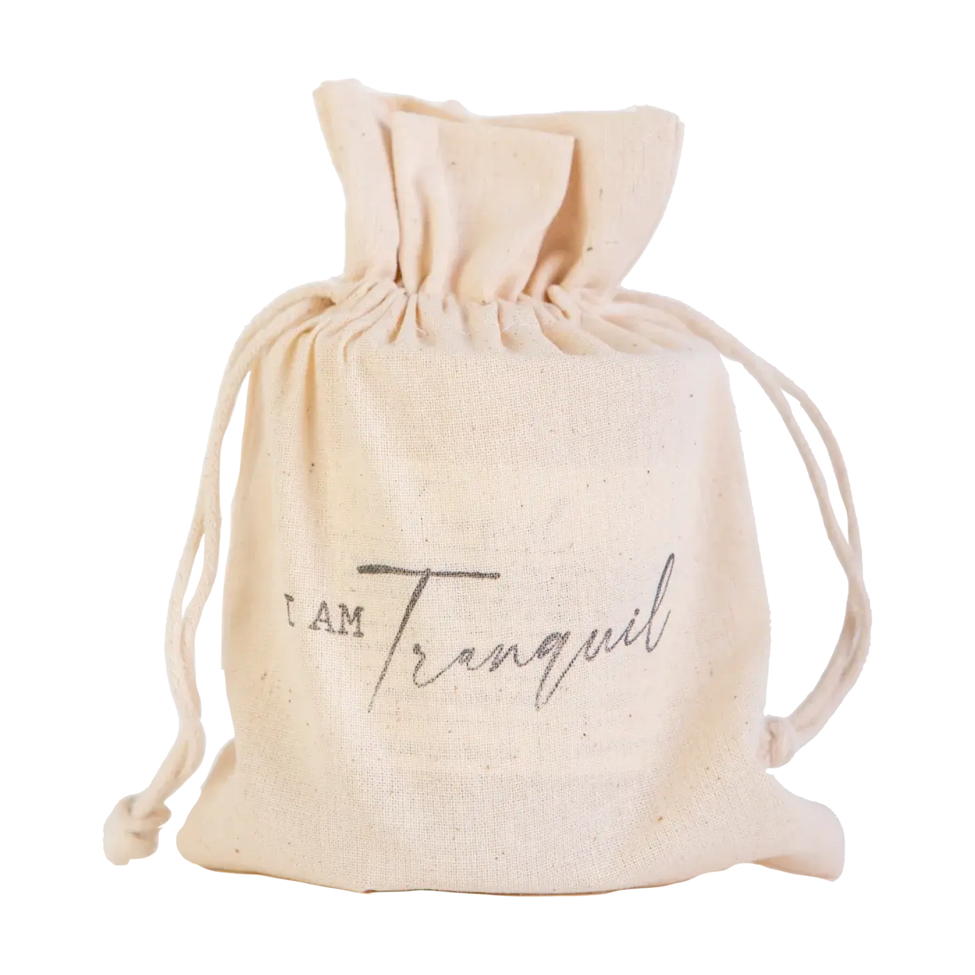Natural canvas drawstring bag with 'I AM Tranquil' quote, cozy farmhouse decor for peaceful home spaces