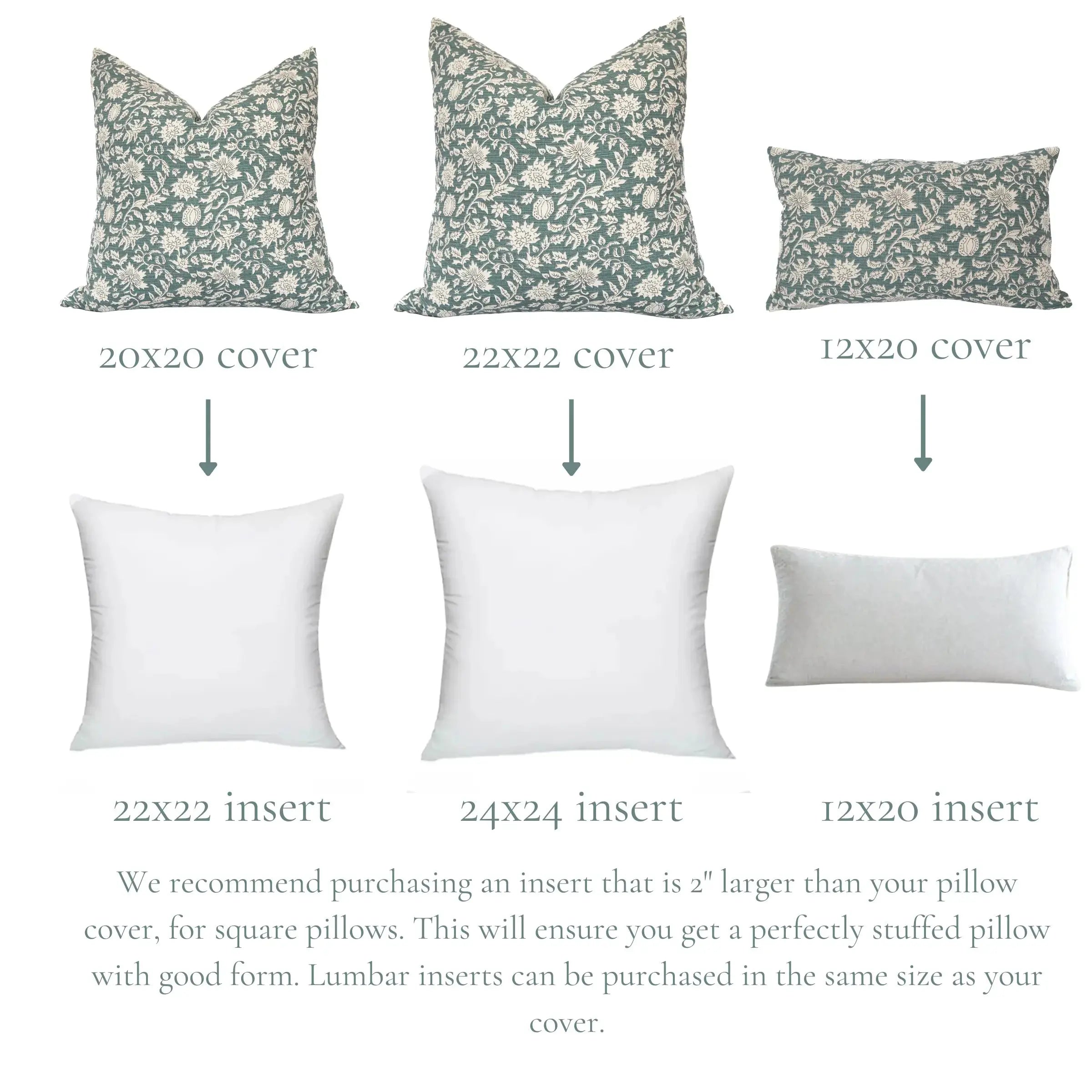 Pillow covers and inserts with dimensions on a white background