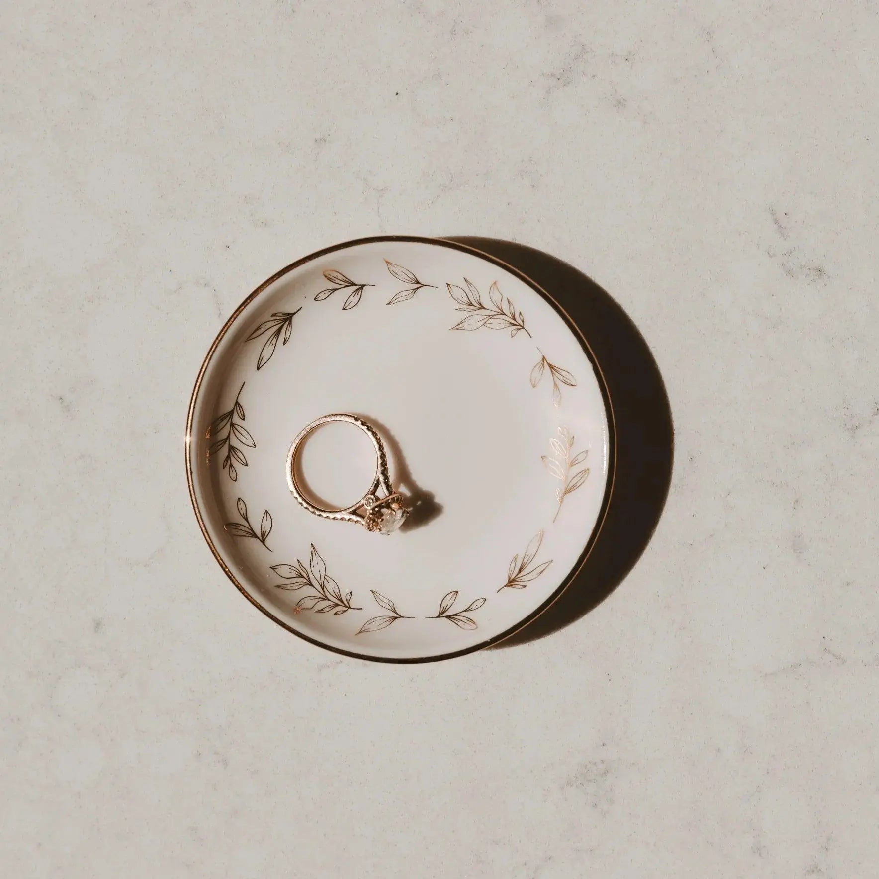 Gold leaf porcelain ring dish with engagement ring, farmhouse decor accent for cozy home styling