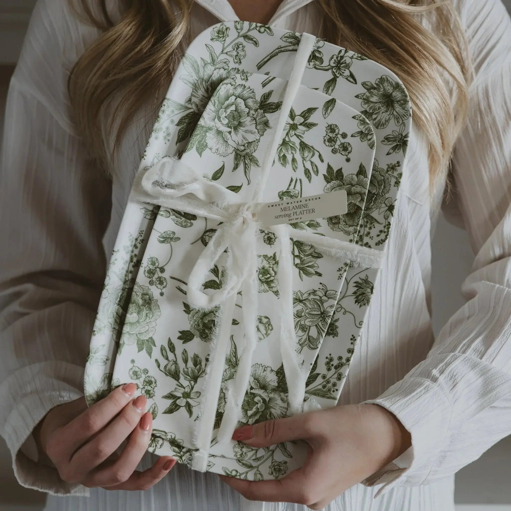 Floral melamine serving platters set, farmhouse kitchen decor with green botanical print, tied with ribbon