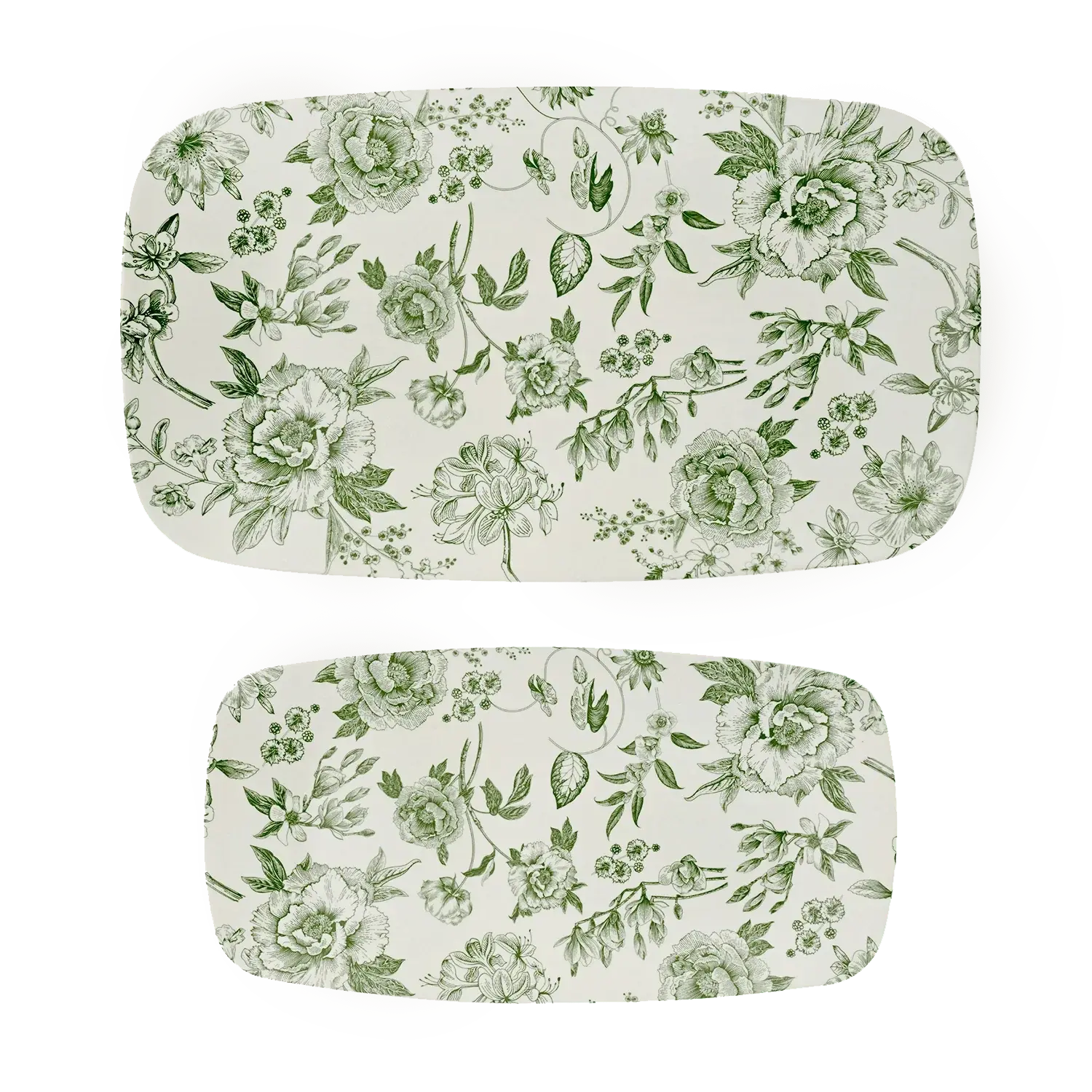 Green floral patterned farmhouse serving trays, cozy cottage style home decor