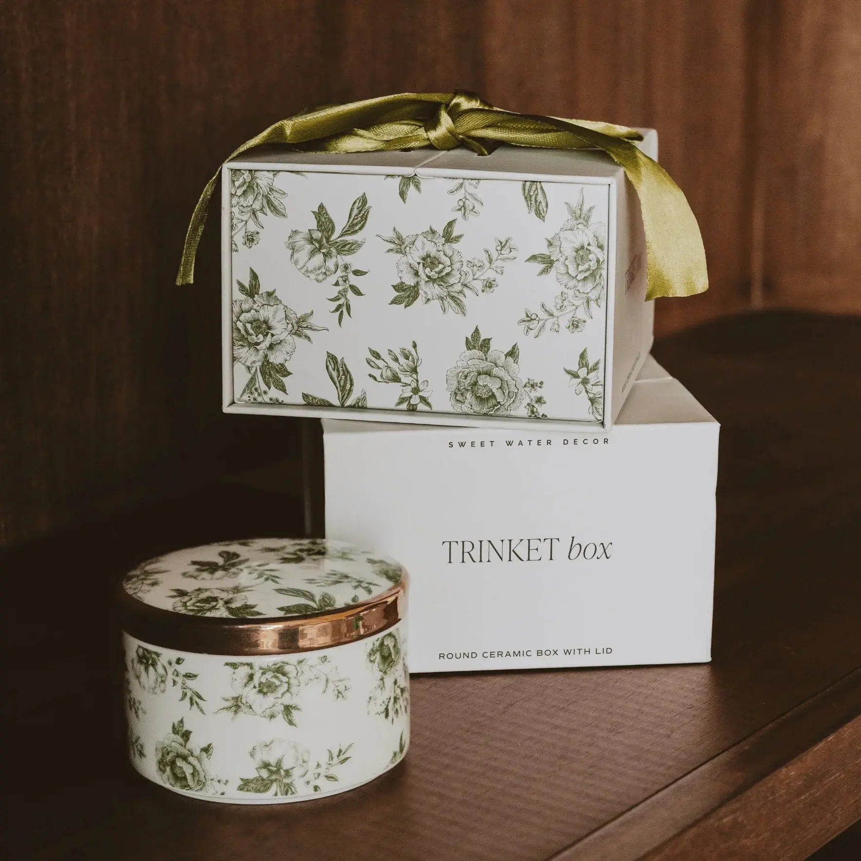 Floral ceramic trinket box with lid, gift boxed with green ribbon, farmhouse decor