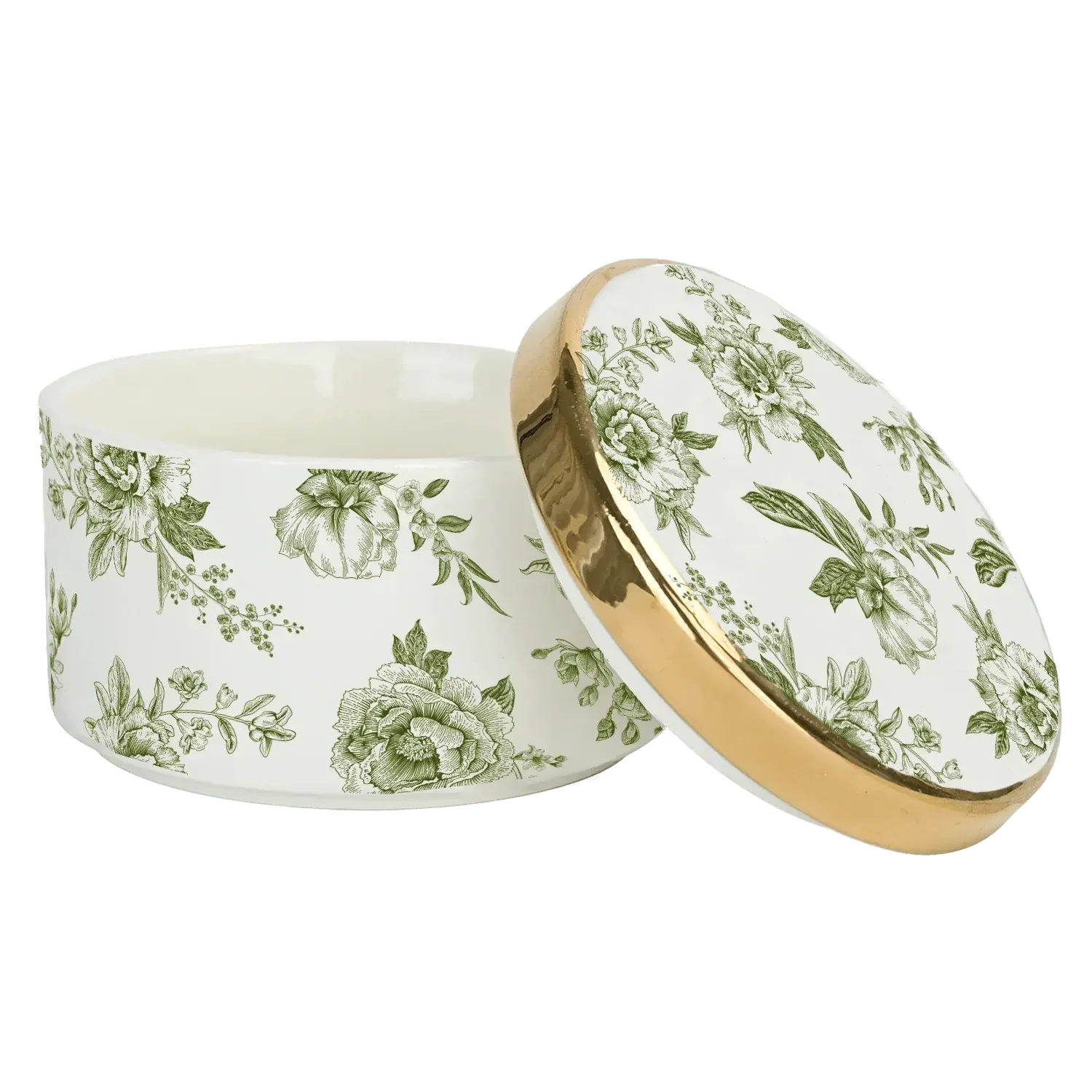 White ceramic jar with green floral pattern and gold rim, farmhouse decor storage box