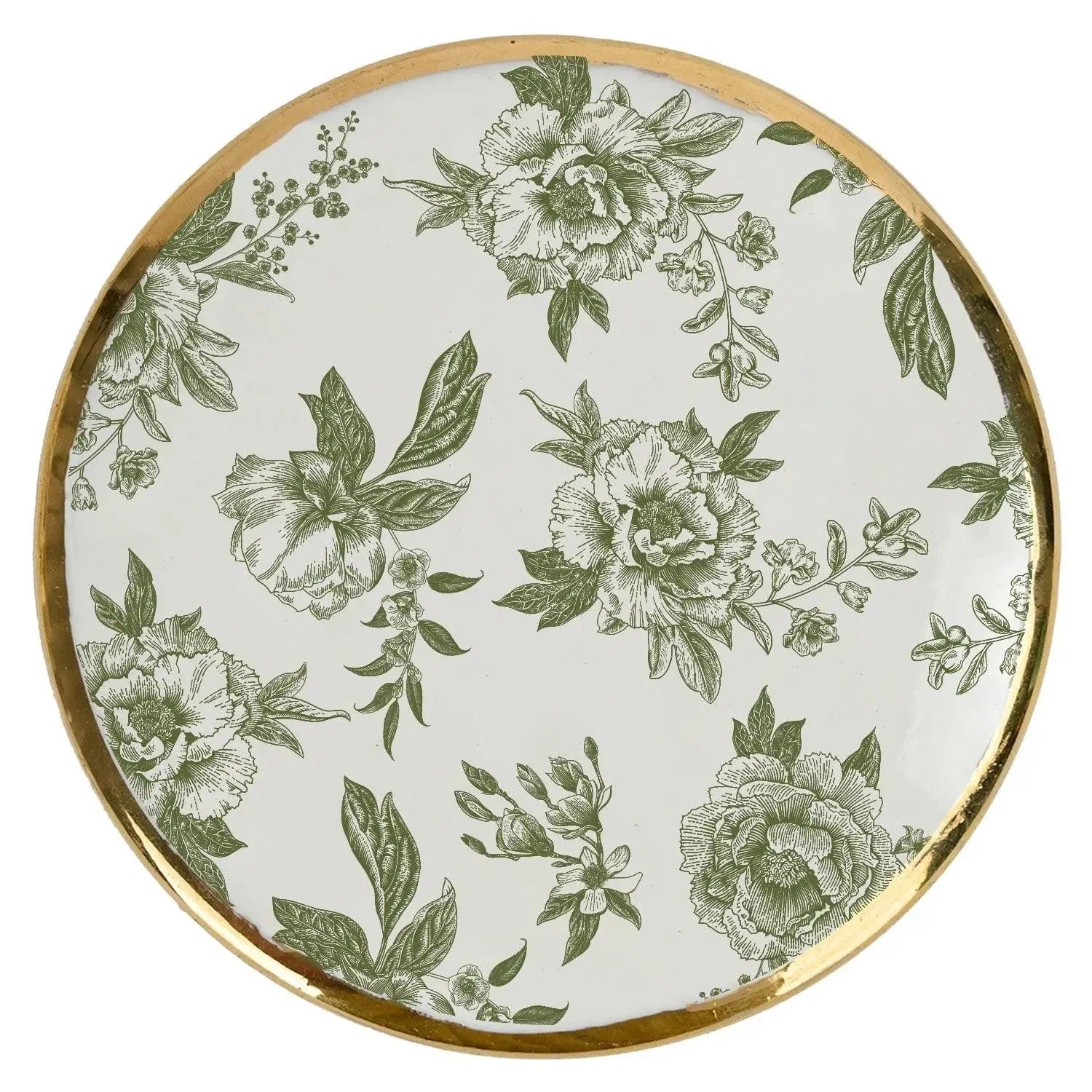 White ceramic plate with green floral print and gold rim, farmhouse cottage decor