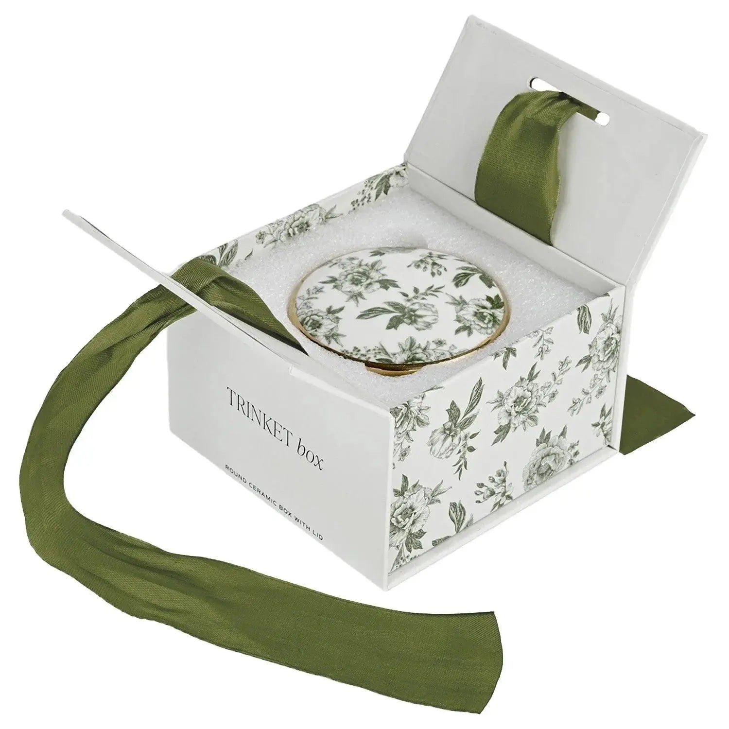 Round ceramic trinket box with floral lid, nestled in gift box with green ribbon, farmhouse decor