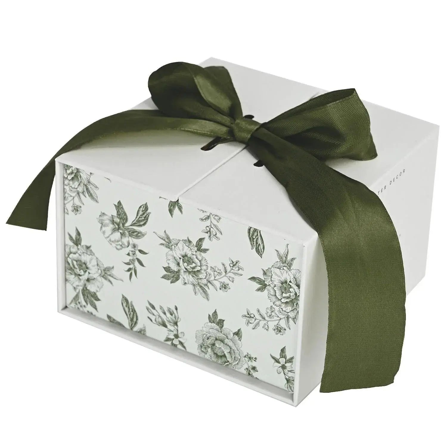 White gift box with green floral print and olive ribbon, perfect for farmhouse cottage decor gifts