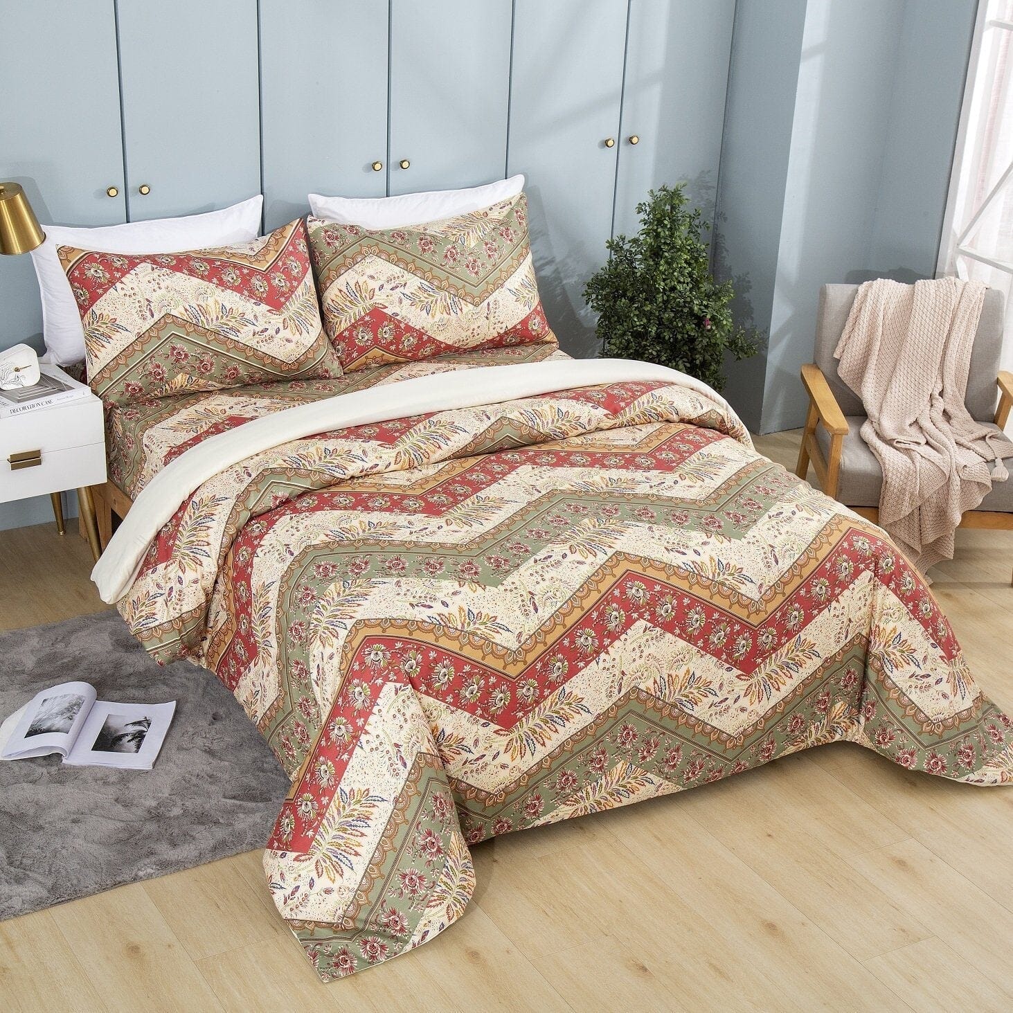 DaDa Bedding Botanical Cranberry Sage Chevron Floral Duvet Cover Set w/ Pillow Cases (JHW-924) DaDalogy Bedding Collection