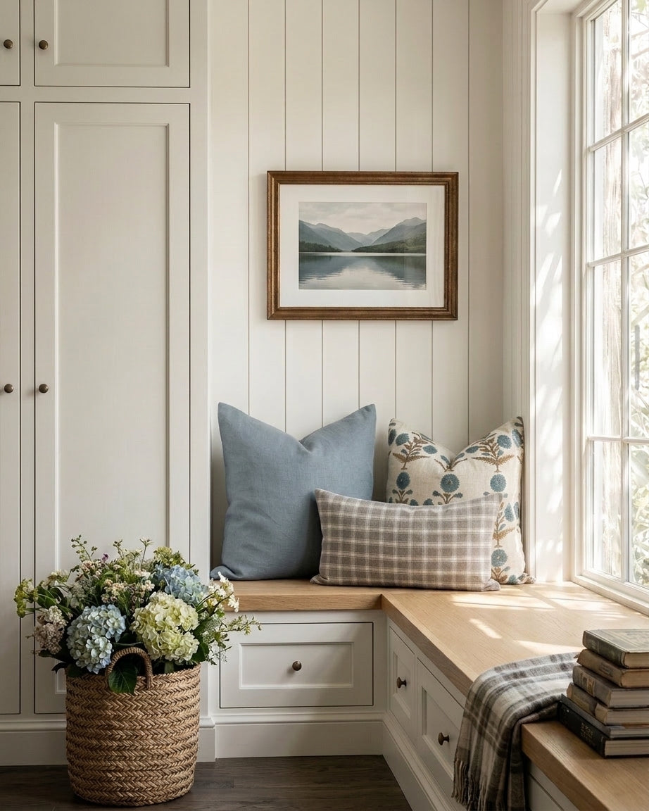 Nook with wooden bench, cushions, and a window view