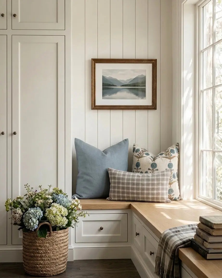 Nook with wooden bench, cushions, and a window view