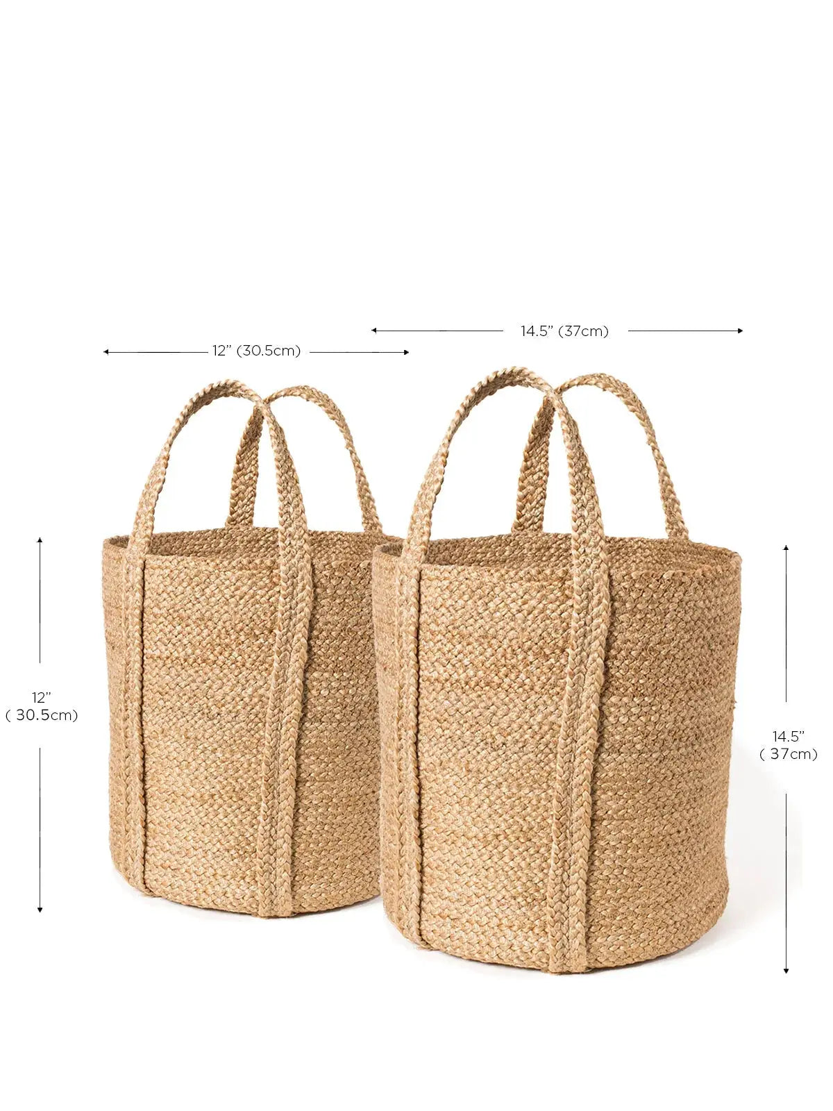 Set of two natural woven seagrass baskets with handles, farmhouse decor storage, 12” and 14.5” sizes