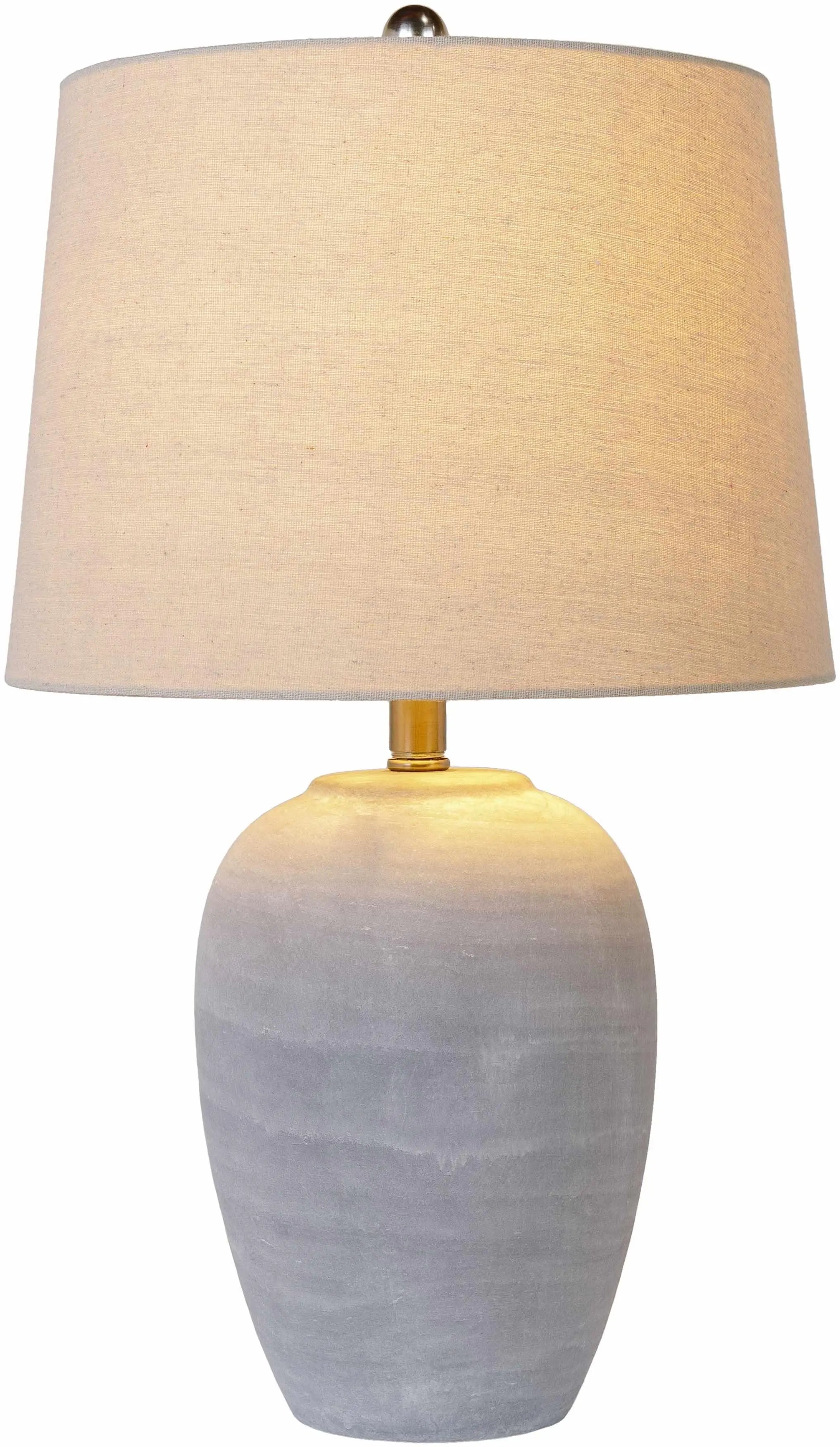 Grey ombre ceramic table lamp with beige linen shade, farmhouse decor