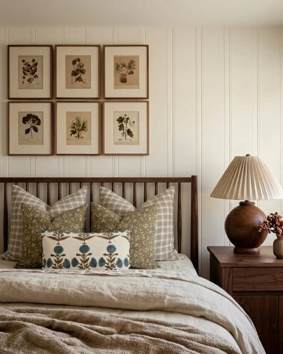 Bedroom with wooden headboard, decorative pillows, and framed botanical prints on the wall.