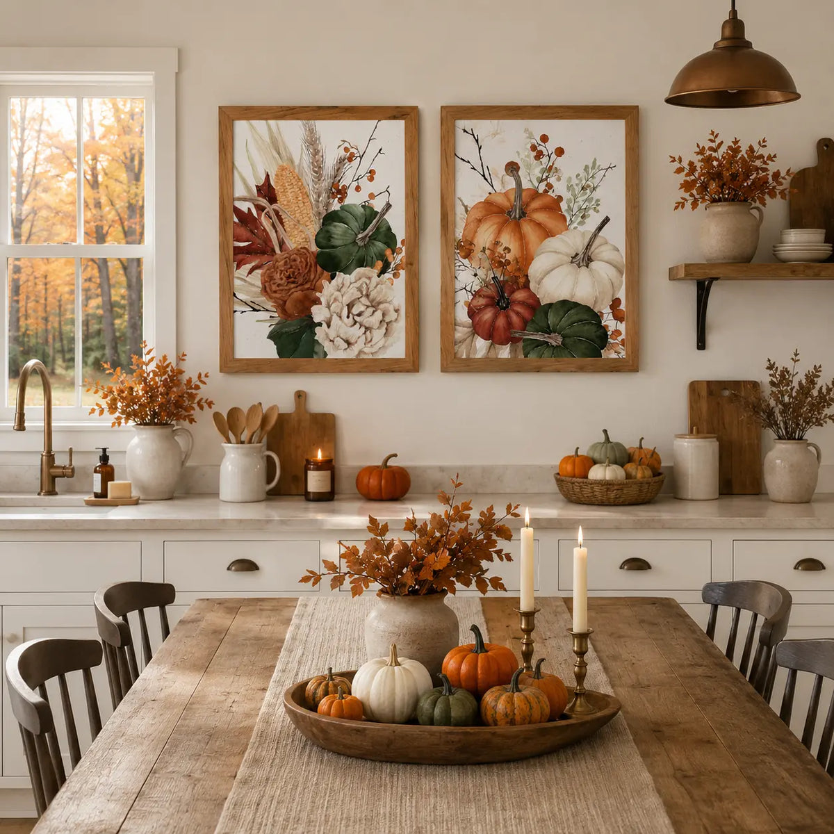 Decorative autumn-themed kitchen with pumpkins, candles, and framed artwork.