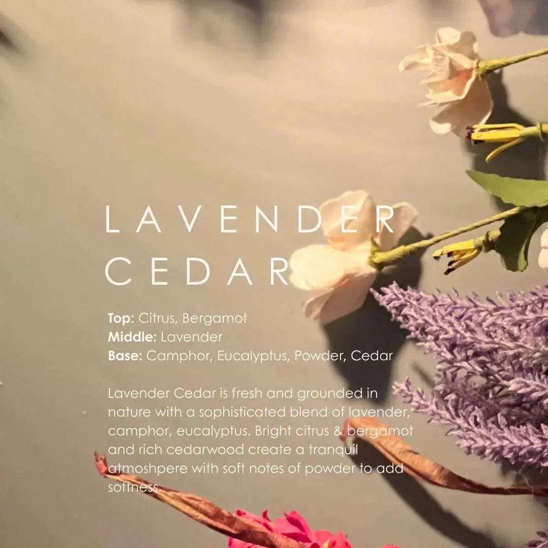 Lavender Cedar candle scent notes with floral accents for cozy home decor