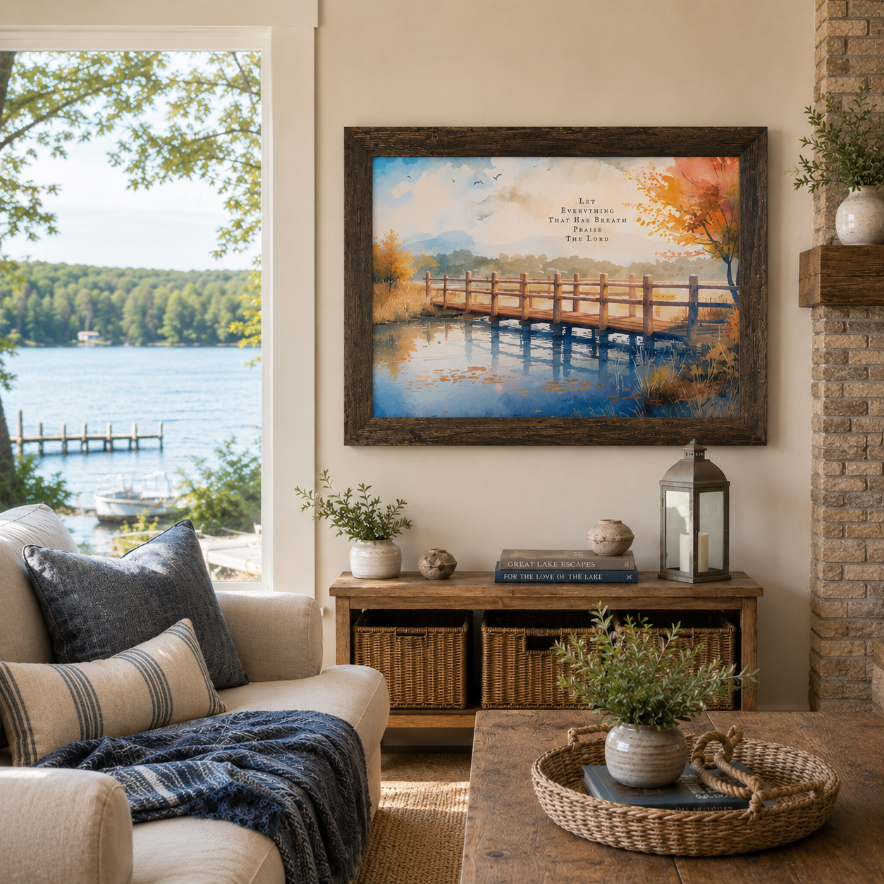 Living room with a painting of a dock over water, sofa, and coffee table.
