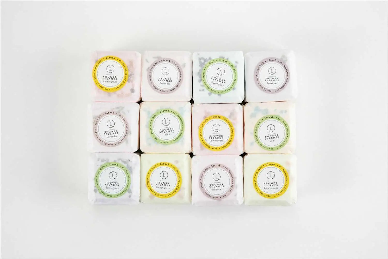 Lizush shower steamers in lavender, eucalyptus, lemongrass, and mint scents for relaxing bath essentials