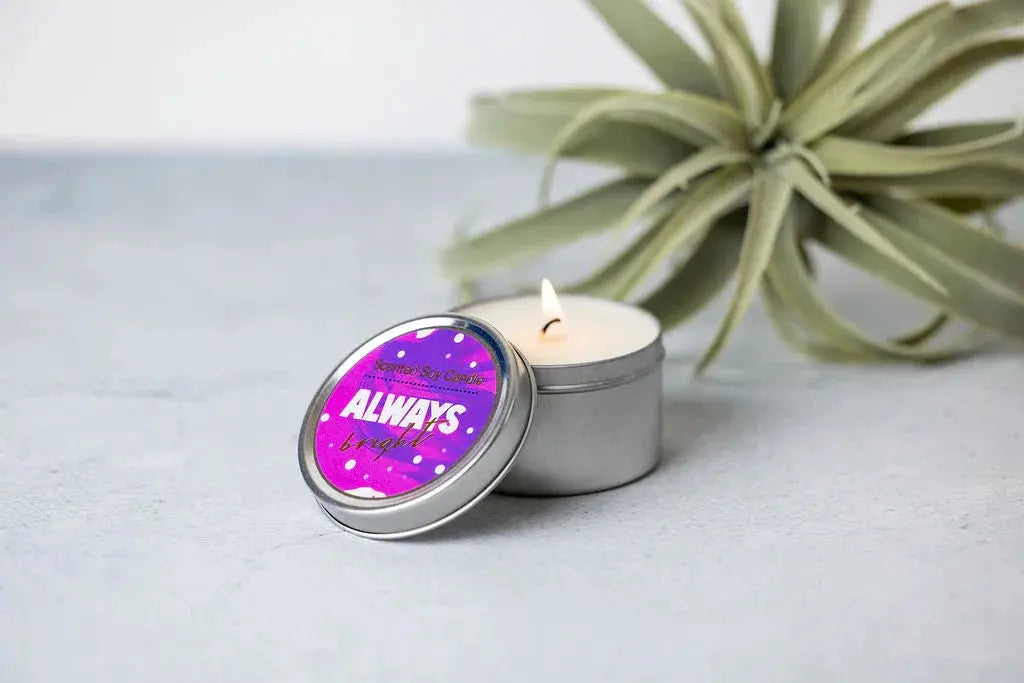 Always Bright scented soy candle in tin, lit with air plant, cozy farmhouse decor