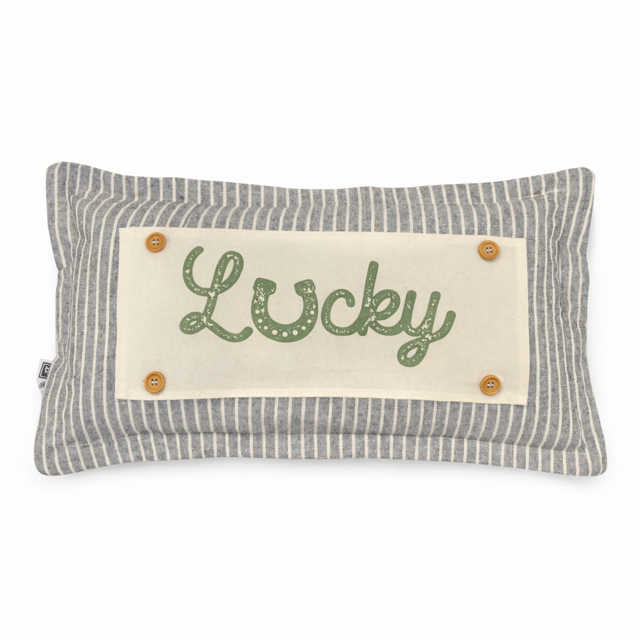 Decorative pillow with 'Lucky' text on a white background