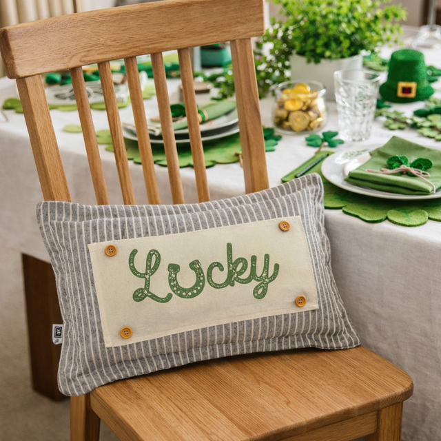 Decorative pillow with 'Lucky' text on a wooden chair at a St. Patrick's Day table setting.