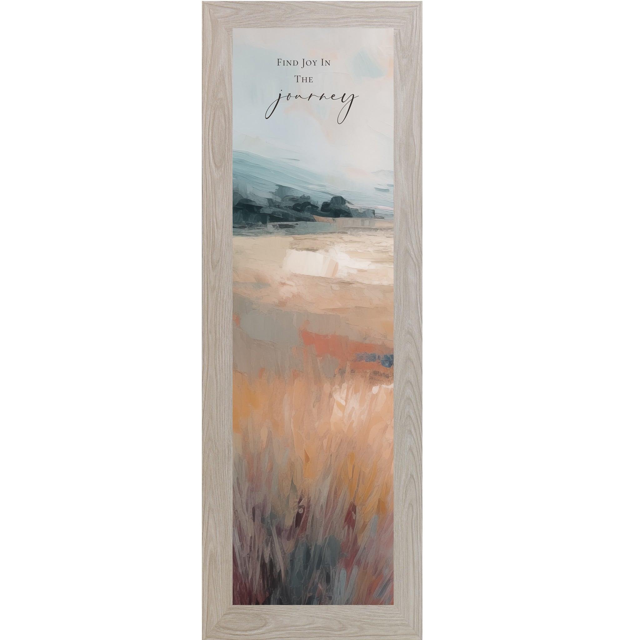 Framed artwork with a scenic landscape and motivational quote on a white background