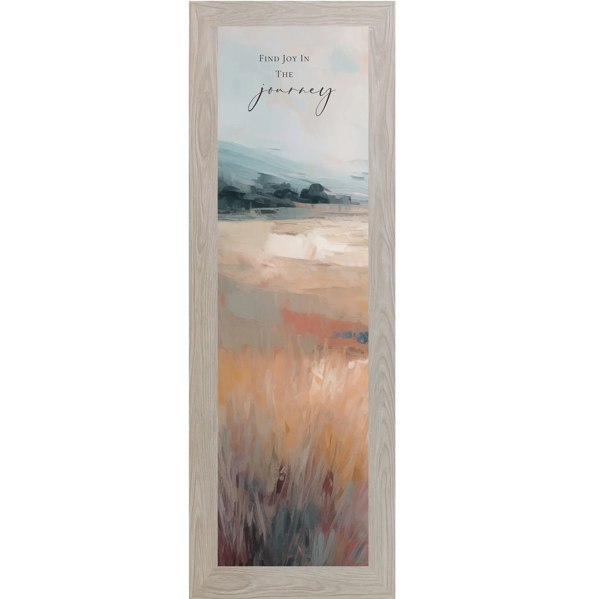 Framed artwork with a scenic landscape and motivational quote on a white background