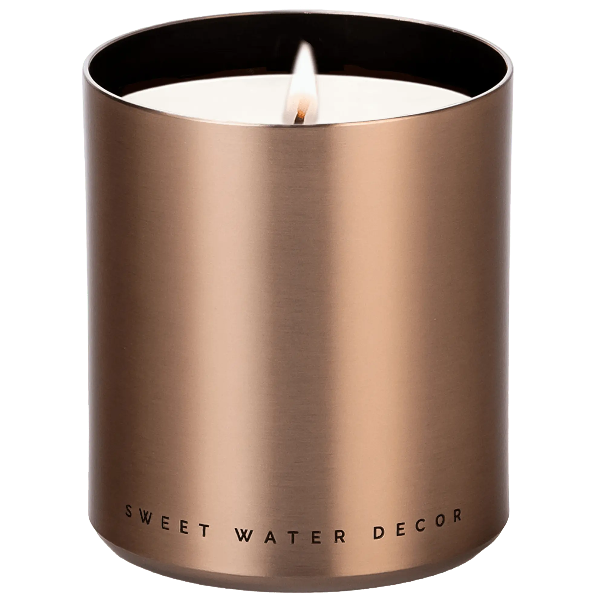 A lit candle in a brushed rose gold metal container with white wax and a visible flame. The brand name 'SWEET WATER DECOR' is printed in black near the bottom, set against a solid green background.