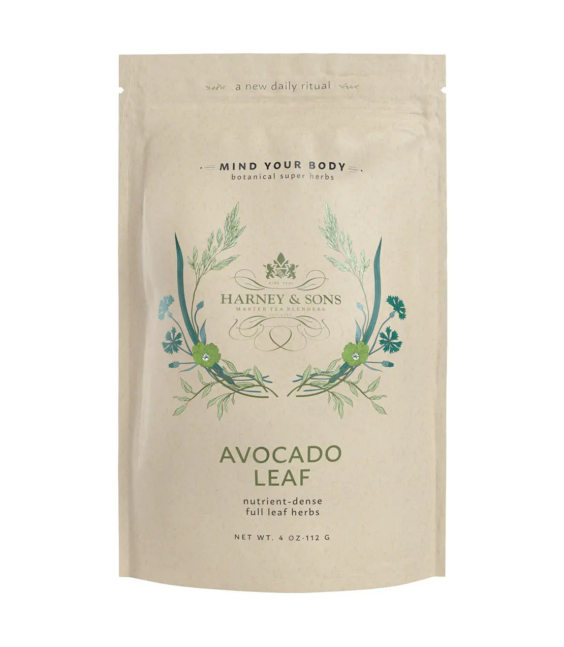 Harney & Sons Avocado Leaf tea package on a white background