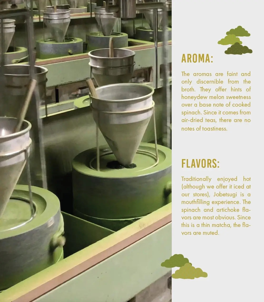 Industrial tea processing machinery with metal funnels and green basins, showcasing Jobetsugi tea production