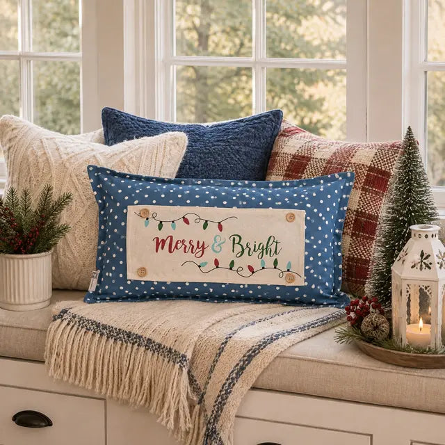A blue holiday throw pillow with white polka dots and a cream center panel reading 'Merry & Bright' in script, styled on a window seat with cream knit pillows, a plaid pillow, a fringed throw blanket, a small tree, and a lantern.