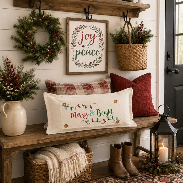 A styled holiday entryway scene with a white embroidered pillow reading “Merry & Bright” on a rustic wooden bench, alongside plaid and red throw pillows, a wreath, basket, lantern, boots, and a framed “Joy and Peace” sign on a white shiplap wall.