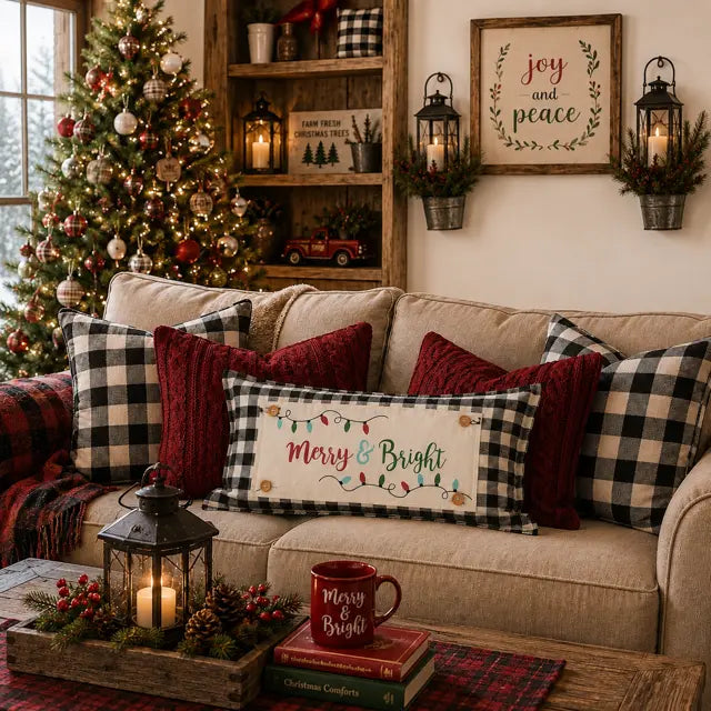 A cozy living room scene with a beige sofa decorated with red knit and black-and-white buffalo plaid pillows, including a central pillow that reads 'Merry & Bright' with colorful holiday lights. A decorated Christmas tree, wooden shelves, lanterns, and a coffee table with a candle and books are visible in the background.