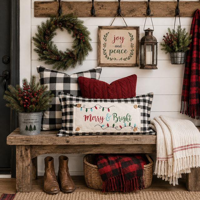 A rustic holiday-themed home entryway scene featuring a wooden bench styled with black and white buffalo plaid pillows, a red knit throw pillow, a cream pillow with 'Merry & Bright' text, a red plaid throw blanket, a wreath, a lantern, and other seasonal decor.