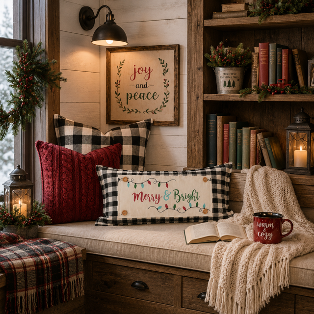 A cozy holiday-themed living room corner featuring a framed 'joy and peace' sign above a built-in bench. The bench is styled with black and white buffalo plaid pillows, a red knit throw pillow, a cream knit blanket, an open book, a mug reading 'warm cozy,' and a plaid throw.