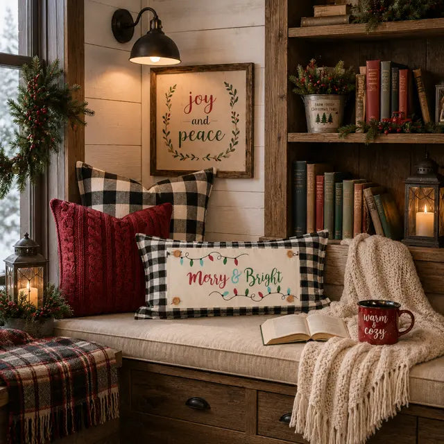A cozy holiday-themed living room corner featuring a framed 'joy and peace' sign above a built-in bench. The bench is styled with black and white buffalo plaid pillows, a red knit throw pillow, a cream knit blanket, an open book, a mug reading 'warm cozy,' and a plaid throw.