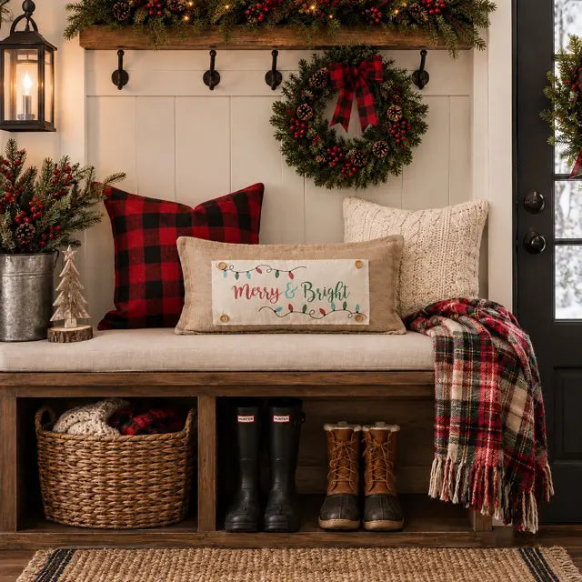 A festive front porch bench styled with holiday decor, featuring a beige burlap pillow with a 'Merry & Bright' Christmas design, a red and black buffalo plaid pillow, a cream knit pillow, and a red plaid throw blanket. The bench has open storage shelves with black rain boots and a wicker basket underneath, set against a white shiplap wall with a green wreath.