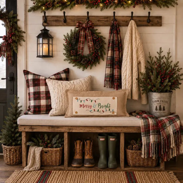 A rustic wooden entryway bench styled with cozy holiday decor, including plaid and cream pillows, a 'Merry & Bright' decorative pillow, a plaid throw blanket, green rain boots, baskets of greenery, and a wreath hanging on the wall behind it.