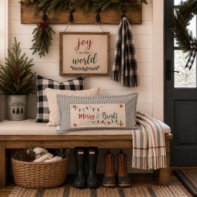 A styled holiday porch scene with a rectangular striped throw pillow featuring a 'Merry & Bright' Christmas string light design, placed on a wooden bench next to a plaid and cream pillow. The setting includes a sign reading 'joy to the world', a plaid scarf, boots, a basket, and a door wreath.