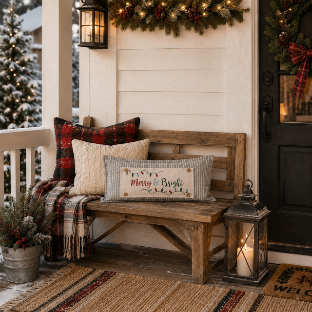 A rustic wooden bench on a decorated front porch with holiday greenery, lanterns, pillows, and a plaid throw blanket. The center pillow reads “Merry & Bright” with small colorful holiday garland graphics.