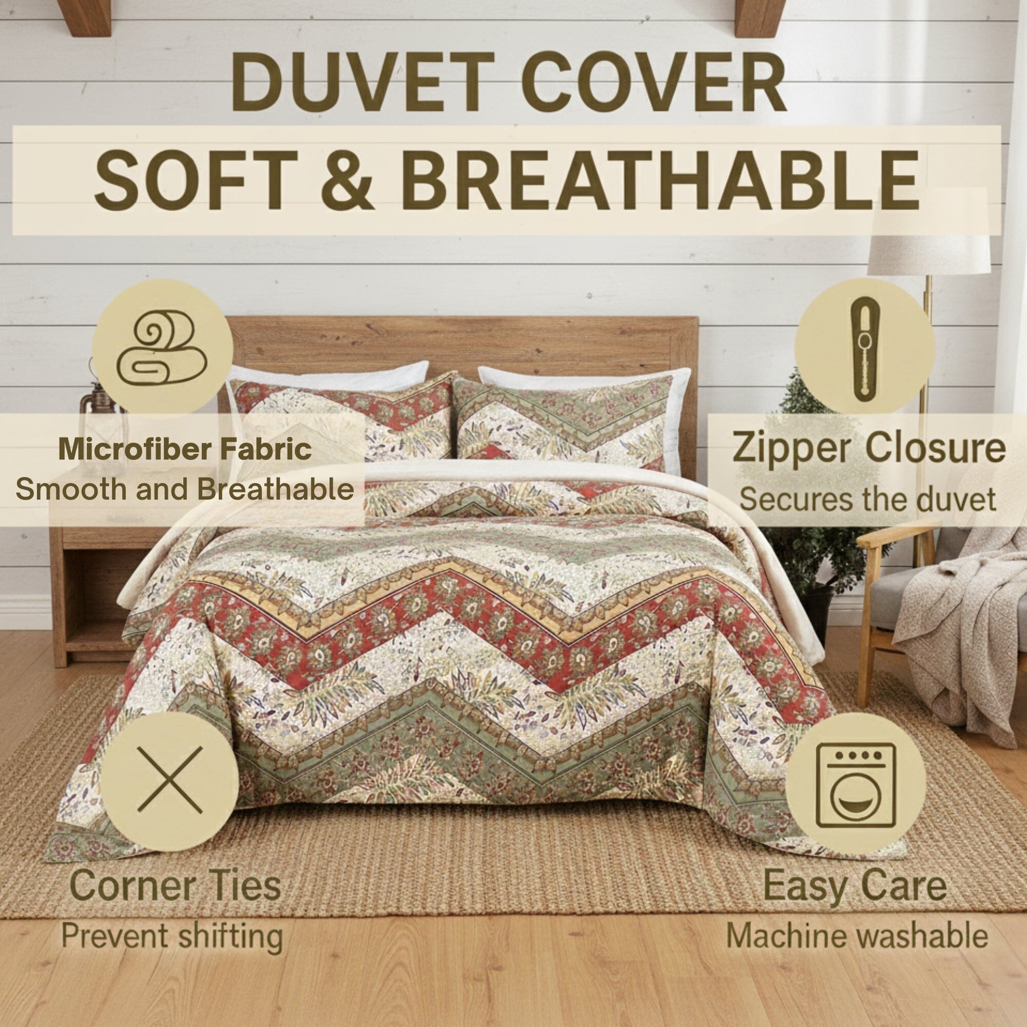 DaDa Bedding Botanical Cranberry Sage Chevron Floral Duvet Cover Set w/ Pillow Cases (JHW-924) DaDalogy Bedding Collection