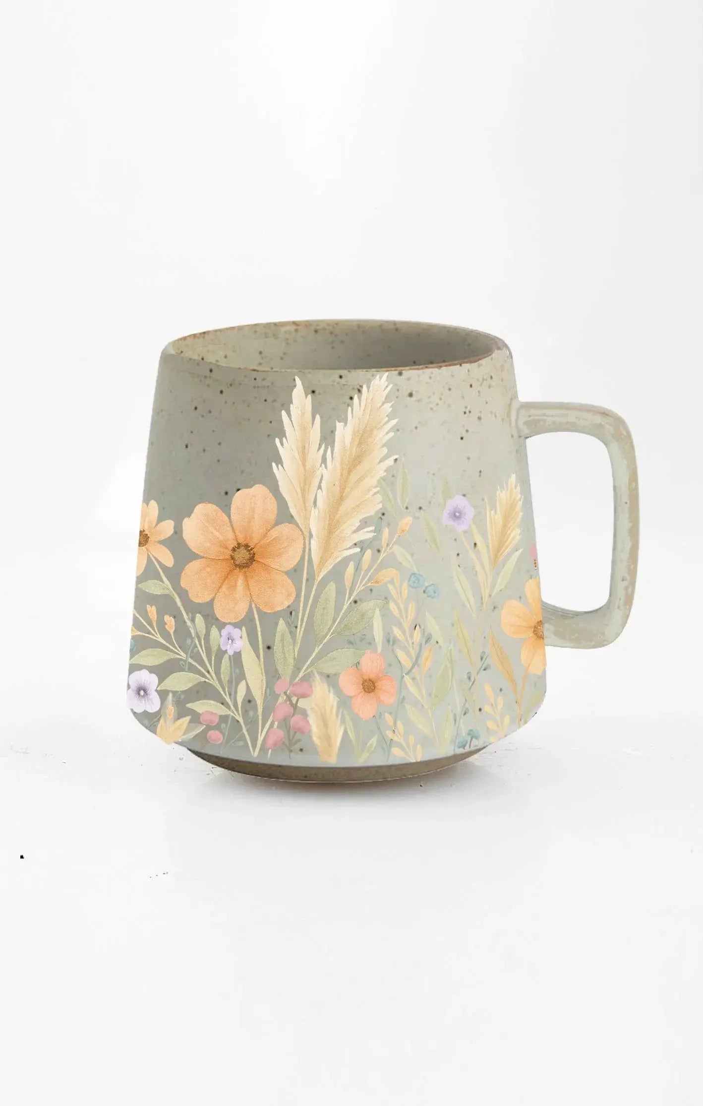 Floral ceramic mug with wildflower design, perfect for cozy farmhouse or cottage style home decor