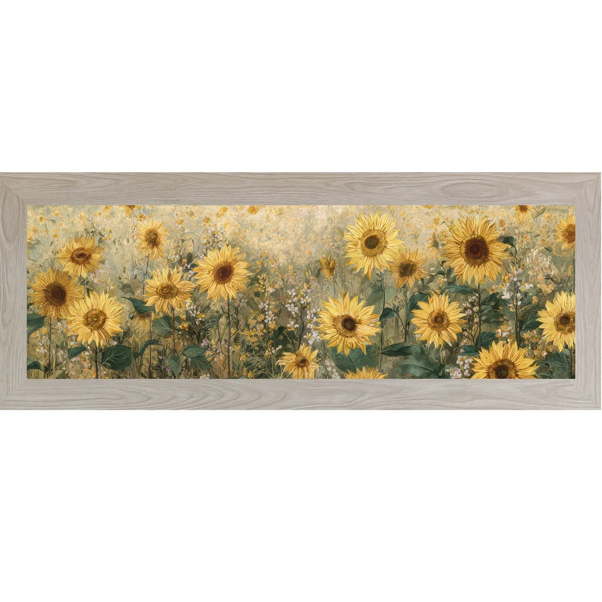 Framed artwork of sunflowers and wildflowers on a white background