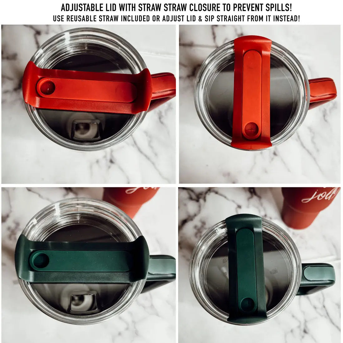 Collage of a red and green adjustable lid with straw closure on a marble background.