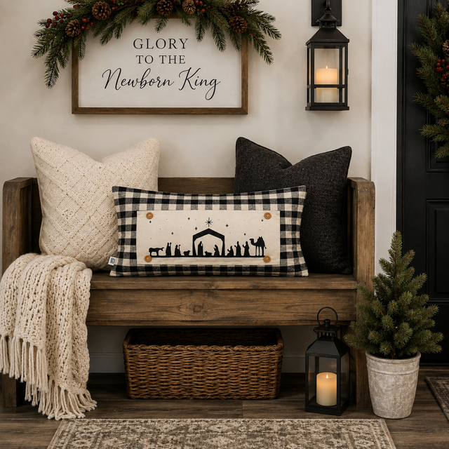A festive Christmas-themed home entryway scene featuring a wooden bench styled with a black and white buffalo plaid pillow with a black silhouette nativity scene, a cream knit throw pillow, a dark charcoal pillow, and a cream knit blanket draped over the bench. A small potted pine tree, a wicker basket, and a lantern sit on the floor below, with a framed sign reading 'GLORY TO THE Newborn King' and a pine garland hanging on the wall above.