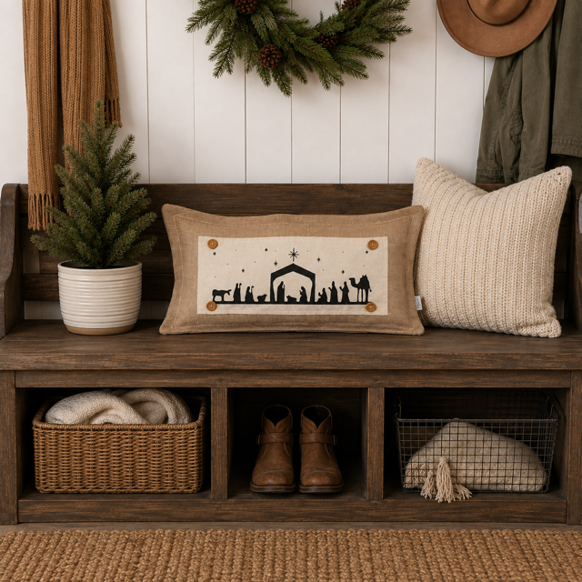 A rustic burlap throw pillow with a nativity scene print sits on a wooden bench next to a chunky knit cream pillow, in a cozy entryway setting with a plant, wreath, and storage cubbies.