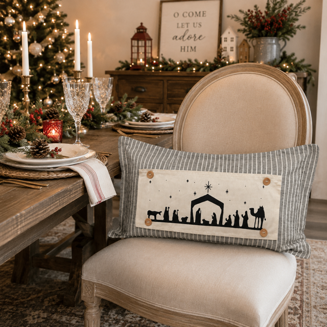 A rectangular holiday throw pillow with a Nativity scene printed on a cream panel over gray-green striped sides, resting on a beige upholstered chair in a decorated dining room.