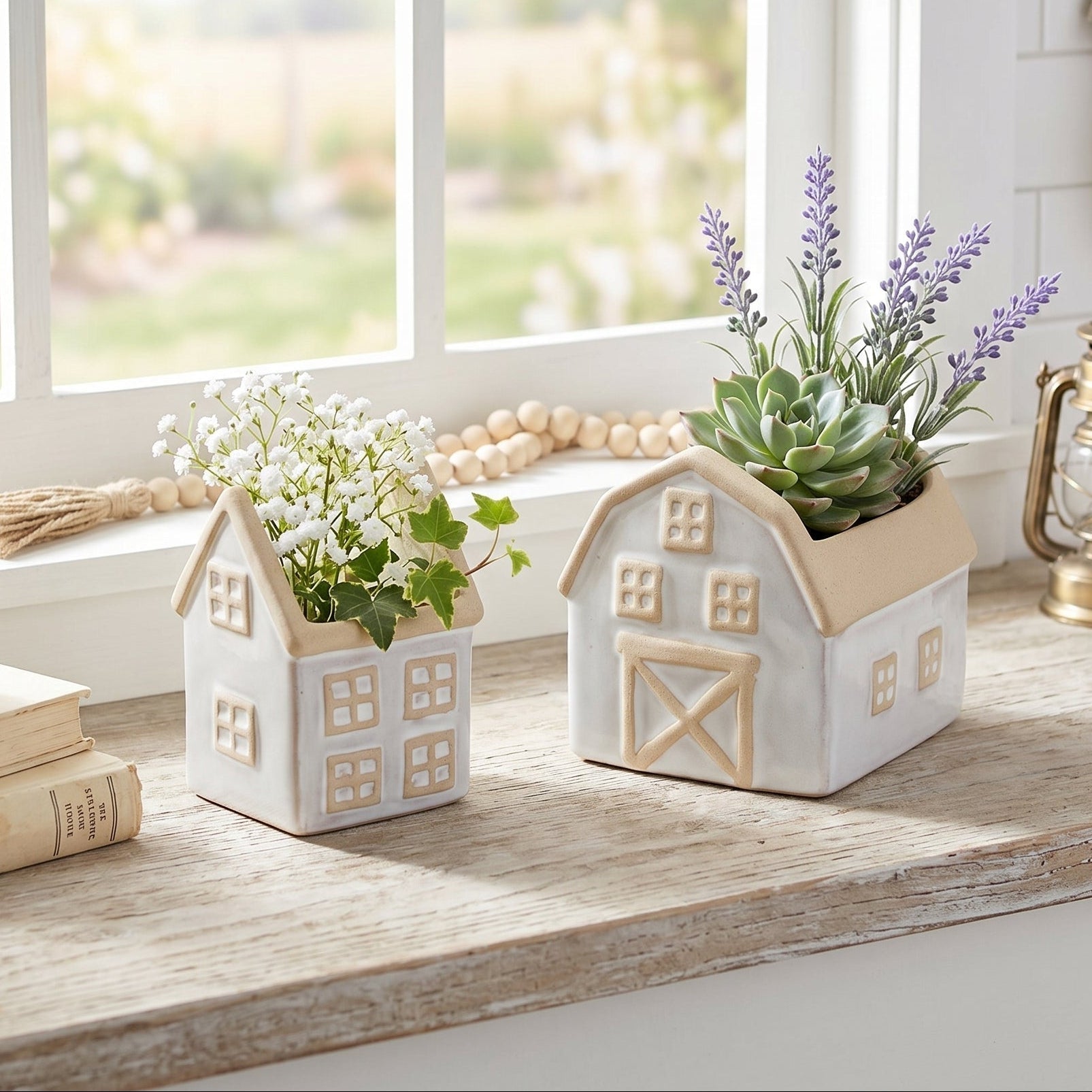 Neutral Porcelain House and Barn Planter Set for Home Decor Countryside Home Decor