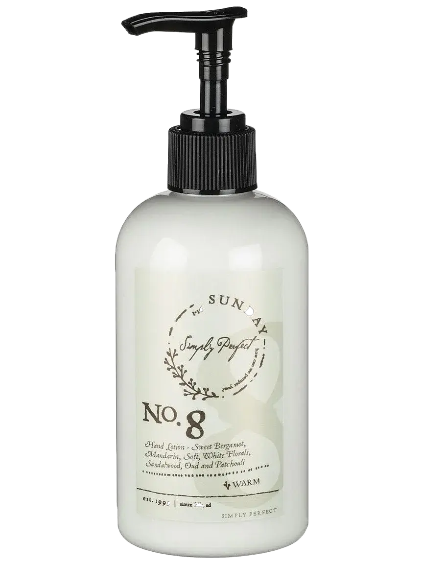 Simply Perfect No. 8 hand lotion with black pump, warm floral scent for cozy home bath essentials