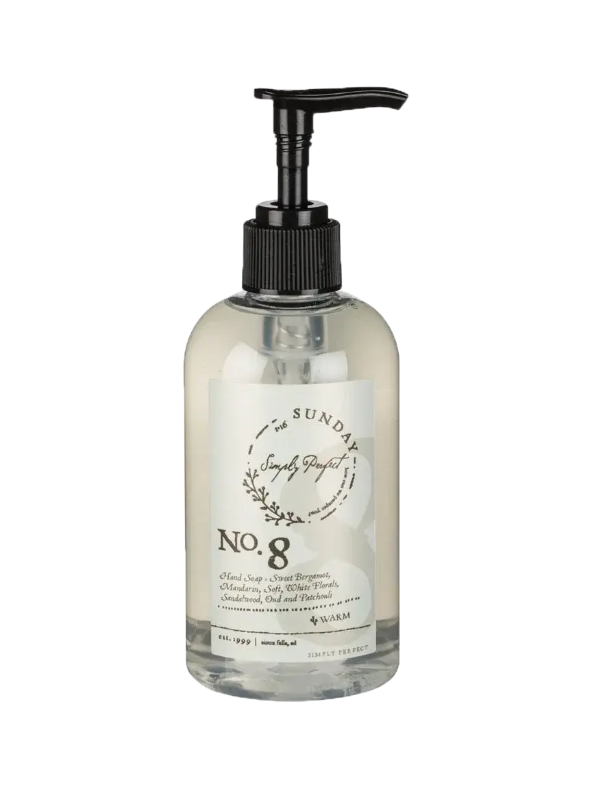 Simply Perfect No. 8 hand soap with black pump, cozy farmhouse bath essential, warm floral scent