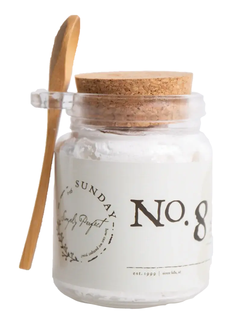 No. 8 Sunday Simply Perfect bath salts in glass jar with cork lid and wooden spoon, cozy farmhouse style