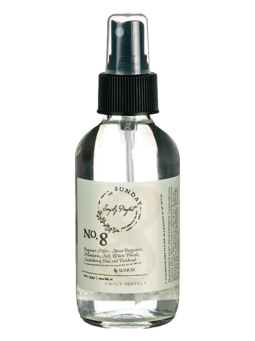 Simply Perfect No. 8 Fragrance Mist with warm notes of bergamot, mandarin, and patchouli for cozy home ambiance